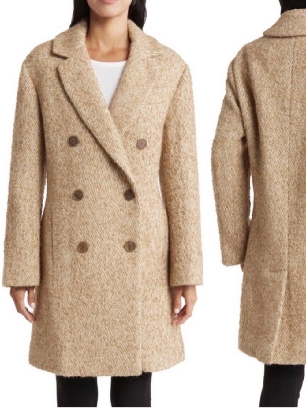 VINCE BROWN TWEED WOOL DOUBLE BREASTED LONG SLEEVE COAT